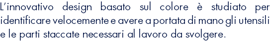 L’innovativo design basato sul colore è studiato per identificare velocemente e avere a portata di mano gli utensili e le parti staccate necessari al lavoro da svolgere.